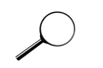 A shiny, metallic magnifying glass with a round lens, placed against a black background