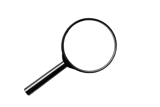 A shiny, metallic magnifying glass with a round lens, placed against a black background