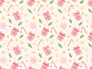 Seamless christmas pattern with pink gift boxes candy canes and snowflakes