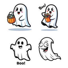 Cartoon ghosts for halloween with candy and spooky faces