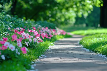 Fototapeta premium A Scenic Pathway Adorned with Vibrant Blooming Flowers Perfect for Outdoor Event Invitations and Nature-Themed Projects