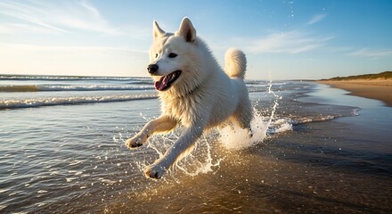 Joyful White Dog Splashing in the Ocean Waves at Sunset.