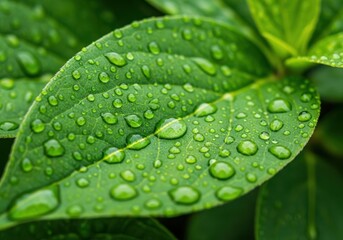 Closeup macro shot of a lush green leaf covered in numerous sparkling water droplets after a refreshing rain shower