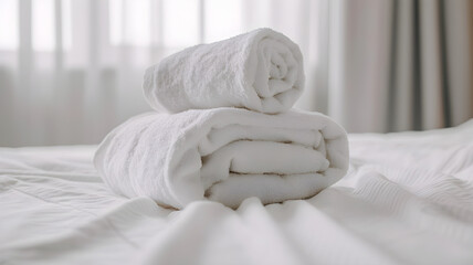 White towel on the bed in the bedroom interior, stack of white towels