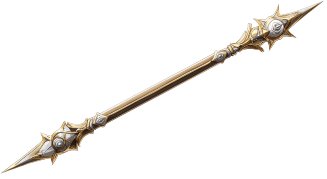 Ornate, dual-pointed spear with detailed metalwork and a central shaft