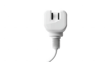 A close up of a white electrical plug with a black background showing the prongs and the cord detail on transparent background