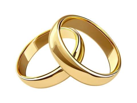 Two Gold Wedding Rings Interlocked isolated on a transparent background