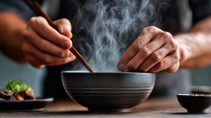 Close-up of hands using chopsticks with a bowl of steaming food