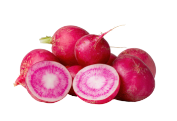 Freshly harvested radishes with vibrant magenta skins, one cut open, showing white flesh