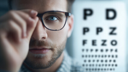 Young man holding eyeglasses, checking vision during eye examination with blurry eye chart in background