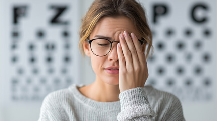 Young woman wearing glasses covering one eye, displaying discomfort during an eye exam with a blur vision chart