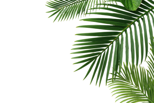 Green, vibrant palm fronds are set against a stark, black background, suggesting space