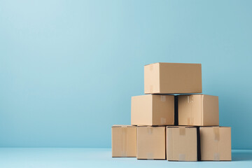 Fototapeta premium Small cardboard delivery boxes in pastel colors are stacked in a neat formation. The light blue background complements the soft hues of the boxes