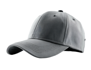 A gray baseball cap, angled, with a curved brim and a dark button on top, isolated on black