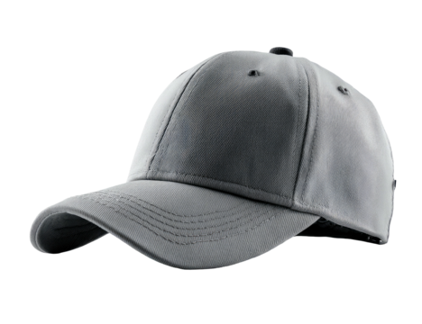 A gray baseball cap, angled, with a curved brim and a dark button on top, isolated on black
