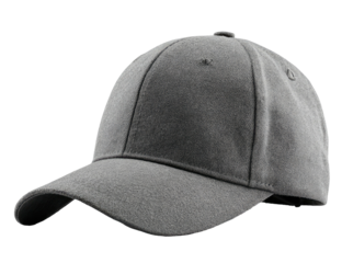 Gray baseball style cap with curved brim and six-panel construction, isolated on black
