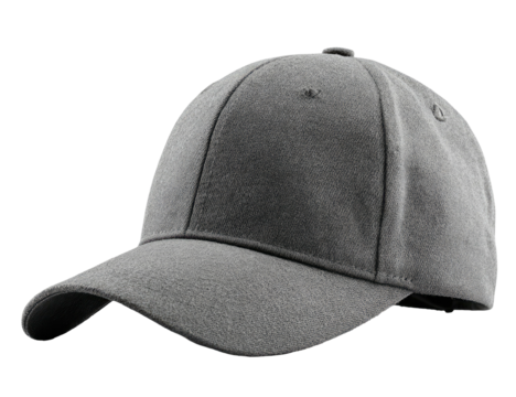 Gray baseball style cap with curved brim and six-panel construction, isolated on black