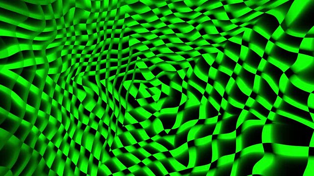 Abstract green wavy checkerboard background with glowing motion pattern and optical illusion