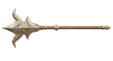 Naklejka premium Ornate silver and gold star-shaped mace with a wooden handle weapon detail