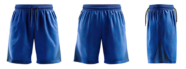 Three views of blue athletic shorts with drawstring waist and a black background