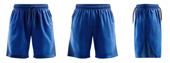 Three views of blue athletic shorts with drawstring waist and a black background