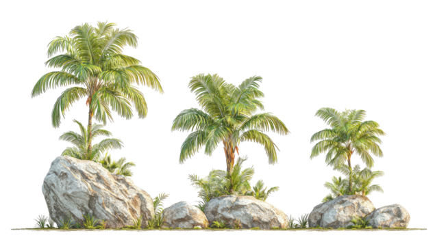 Tropical landscape with three palm trees and rocky formations, set against a transparent background