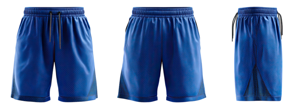 Three views of blue athletic shorts with drawstring waist and a black background