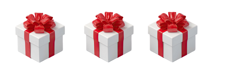 Three identical, white present boxes with bright red ribbons sit side-by-side, on black background