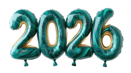 A set of four teal and gold foil balloons spelling out the year two thousand twenty six on black on transparent background