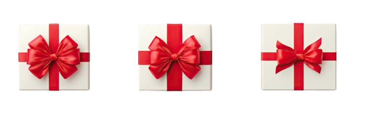 Three white gifts, top-down view, adorned with red ribbons and bows against a black background