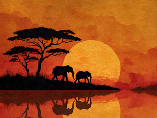 african safari sunset oil painting with elephant silhouettes and acacia tree reflection