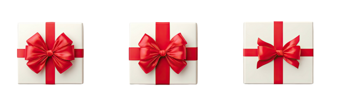 Three white gifts, top-down view, adorned with red ribbons and bows against a black background