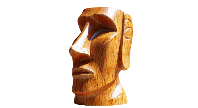 Wooden Moai head sculpture, carved details, textured surface, against black