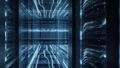 A futuristic server room showcasing intricate electrical pathways illuminated with blue light