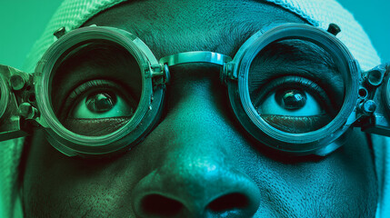 Person wearing scientific or optical measuring goggles in a medical or futuristic vision test, looking up