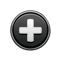 Obraz premium Glossy black round add button icon with a white plus symbol for user interface design
