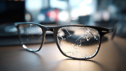 Shattered lens on black-framed glasses showing impaired vision and the concept of accidents, stress, or repair
