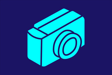 The image depicts a minimalist, isometric illustration of a digital camera. The camera is illustrated in a bright turquoise color with bold dark blue outlines, set against a dark navy blue background.