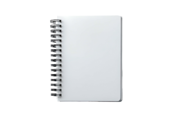 An open, spiral-bound notebook with white pages, isolated on a black background