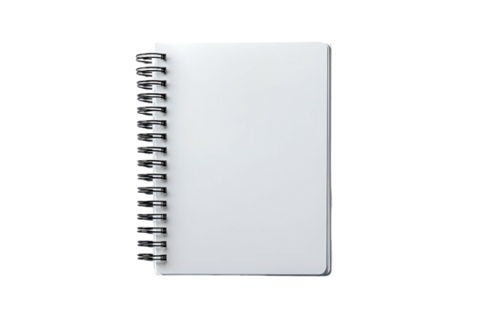 An open, spiral-bound notebook with white pages, isolated on a black background