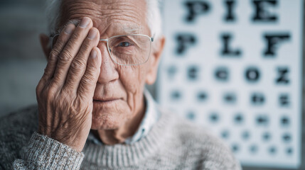 Senior man performing an eye test using a vision chart, focusing on his eye health and clear vision