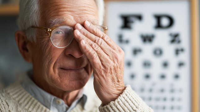 Senior patient undergoing a vision test, covering one eye during an ophthalmology examination with an eye chart