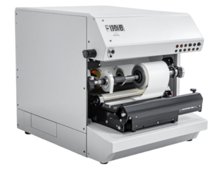 Automatic Label Dispenser Machine Industrial White Gray Side View transparent background.