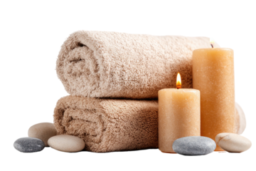 Beige rolled towels, glowing candles, and smooth gray stones compose a relaxing spa-like scene