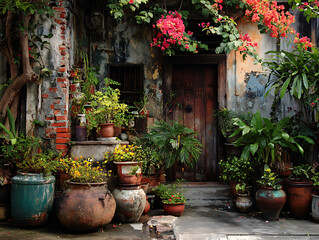 traditional southeast asian building front door overgrown with plants colorful bougainvillea rustic charm