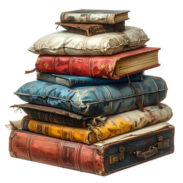 Stacked assortment of vintage books and plush pillows, creating a visually appealing still life