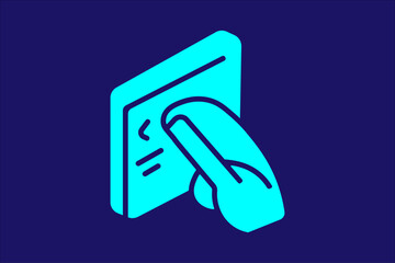 The image features a stylized, vibrant cyan/aqua icon set against a dark blue or indigo background.