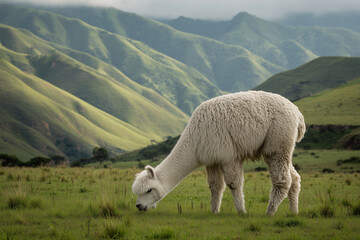 A white llama is grazing in a grassy field