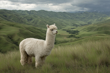 A white llama stands in a grassy field