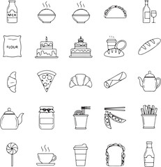 Naklejka premium Assortment of Food and Drink Icons in Outline Style milk bottle rice bowl
